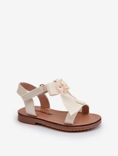 Lakované dětské sandálky s mašlí na suchý zip světle béžové Joratia