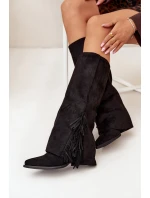 Zateplené Kozačky Kavalíři Dámské Na Podpatku S Třásněmi Černé Zalia