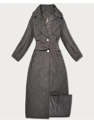 Hnědý pruhovaný dlouhý dámský kabát s páskem S'West (B8542-14)