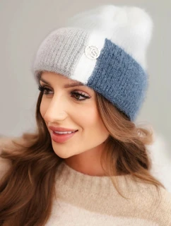 Dámská čepice barevná z viskózy s ozdobným knoflíkem bílý + modrý