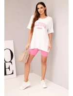 Dámská souprava s volnou blůzou a přiléhavými šortkami bílý + růžový
