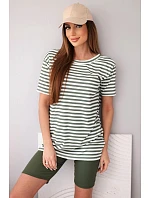 Dámský viskózový pruhovaný komplet s krátkým rukávem a kraťasy khaki Dámský viskózový pruhovaný komplet s krátkým rukávem a kraťasy khaki