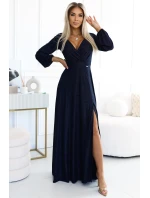 572-1 Třpytivé dlouhé šaty NELA s výstřihem a dlouhými rukávy - ZELENÉ 572-1 Třpytivé dlouhé šaty NELA s výstřihem a dlouhými rukávy - ZELENÉ