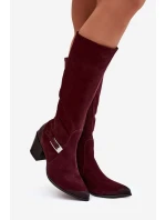 Dámské zateplené kozačky na podpatku se sponou Zazoo – bordó, semiš