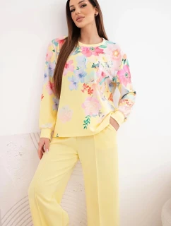 Dámský máslový viskózový komplet s květinovým vzorem se širokými nohavicemi žlutý