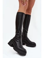 Dámské kozačky na masivním podpatku a platformě, nazouvací Florinne – černé Dámské kozačky na masivním podpatku a platformě, nazouvací Florinne – černé