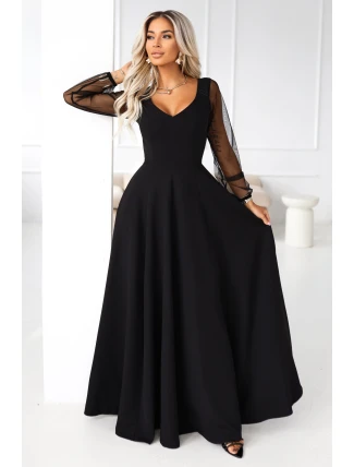 640-2 LORETTA jedinečné dlouhé šaty s tylovými rukávy a výstřihem - černé