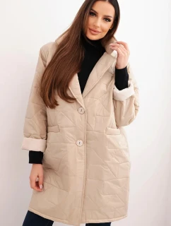 Dámská bunda Plus Size prošívaná s ozdobnými knoflíky a límcem jasno béžová
