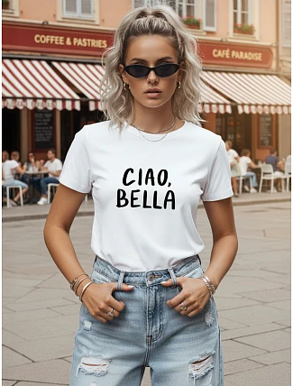 Dámské tričko s nápisem CIAO BELLA, bílé, FashionStreet NX8009RY Dámské tričko s nápisem CIAO BELLA, bílé, FashionStreet NX8009RY