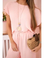Viskózový komplet plisovaná halenka + kalhoty pudrově růžová