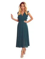 EMILY - Plisované dámské šaty v lahvově zelené barvě s volánky a výstřihem 315-1