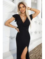 598-1 IRINA oslnivé dlouhé šaty s brokátem, obálkovým výstřihem a rozparkem na nohou - černé