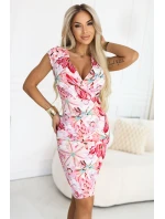 379-6 BOYKA Přiléhavé midi šaty s obálkovým výstřihem - bílé s růžovými květy