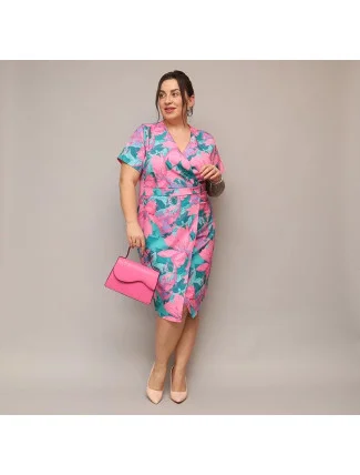 Růžovo-zelené dámské přeložené obálkové květované šaty v délce ke kolenům (742) Růžovo-zelené dámské přeložené obálkové květované šaty v délce ke kolenům (742)