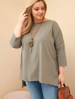 Dámská asymetrická bavlněná blůza Plus Size s náhrdelníkem khaki