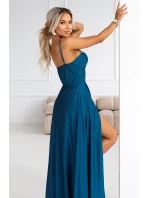 646-2 Dlouhé večerní šaty bez ramínek s rozparkem na nohou - námořnické barvy