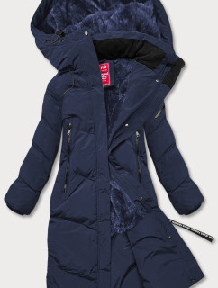 Tmavě modrá dlouhá dámská zimní bunda s kožešinovou podšívkou (2M-011)