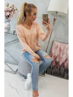 Svetr s výstřihem do V, pudrově růžový