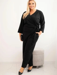 Dámský bavlněný overal Plus Size s vázáním v pase a 3/4 rukávem černý