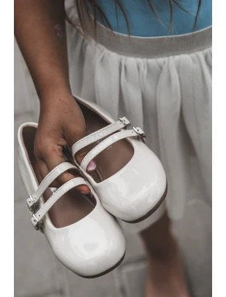 Lakové dětské baletky s proužky béžové Margenis