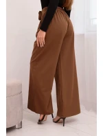 Dámské kalhoty elegantní se širokou nohavicí a ozdobným květem světle hnědé