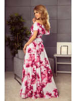 Dlouhé dámské šaty s velkými růžovými květy a španělským výstřihem model 6059216