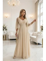 655-4 Dlouhé lehké třpytivé šaty s výstřihem a průhlednými rukávy - šampaňsko-béžová barva