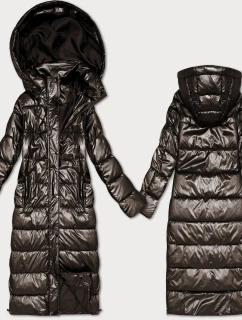 Dlouhá prošívaná bunda v čokoládové barvě pro přechodné období s kapucí (T3-2629#-103)