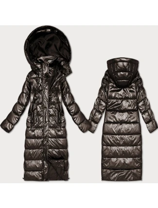 Dlouhá prošívaná bunda v čokoládové barvě pro přechodné období s kapucí (T3-2629#-103)