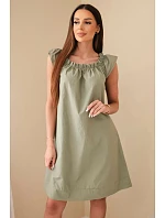 Dámské bavlněné šaty s nařaseným výstřihem a volánem khaki