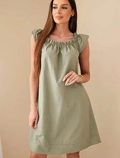 Dámské bavlněné šaty s nařaseným výstřihem a volánem khaki