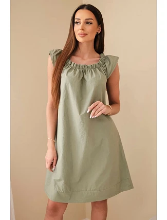 Dámské bavlněné šaty s nařaseným výstřihem a volánem khaki