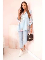 Dámská blůza z bavlny s květinovým vzorem a knoflíky modrý