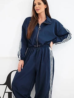 Dámský bavlněný komplet s oversized kalhotami a kontrastními lampasy modrý