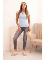 Dámská pruhovaná blůza s V výstřihem a krátkým rukávem béžová