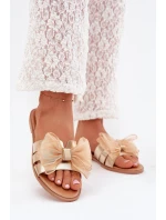 Dámské sandály na plochém podpatku s tylovou mašlí zlaté Tanira