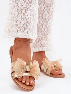 Dámské sandály na plochém podpatku s tylovou mašlí zlaté Tanira