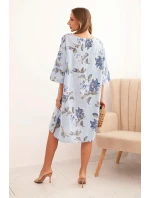 Dámská bavlněná šaty s květinovým vzorem a 3/4 rukávem modrá Dámská bavlněná šaty s květinovým vzorem a 3/4 rukávem modrá