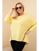 Dámská blůza Plus Size bavlněná s ohrnovacími rukávy a lampasem v leopardím vzoru žlutý