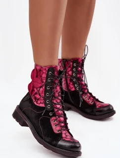 [Kožené dámské kotníkové boty z přírodní kůže na ploché podrážce Maciejka 07004-23 Černo-růžové]