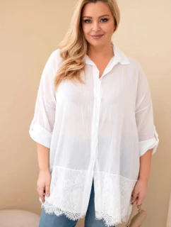 Dámská košile Plus Size bavlněná s krajkovým zakončením bílá