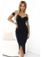 564-11 CALLIE Midi šaty s odhalenými rameny a výstřihem - černé 564-11 CALLIE Midi šaty s odhalenými rameny a výstřihem - černé