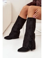 Zateplené Kozačky Kavalíři Dámské Na Podpatku S Třásněmi Černé Zalia