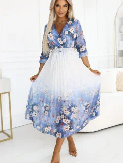 605-1 Ženské vzdušné midi šaty s obálkovým výstřihem a záhyby - modré s polními květy