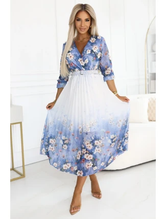605-1 Ženské vzdušné midi šaty s obálkovým výstřihem a záhyby - modré s polními květy
