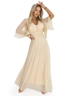 654-2 Dlouhé třpytivé plus size šaty s výstřihem a průhlednými rukávy - šampaňsko-béžové