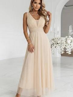 637-4 Dlouhé maxi šaty s brokátovými třpytkami a hlubokým výstřihem - šampaňsko-béžové