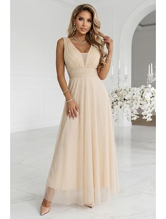 637-4 Dlouhé maxi šaty s brokátovými třpytkami a hlubokým výstřihem - šampaňsko-béžové