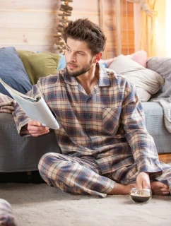 Pyžamo Key MNS 402 B24 Flanelové dlouhé/r M-2XL pánské rozepínací