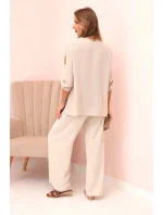 Dámský komplet s halenkou s náhrdelníkem a širokými nohavicemi béžový